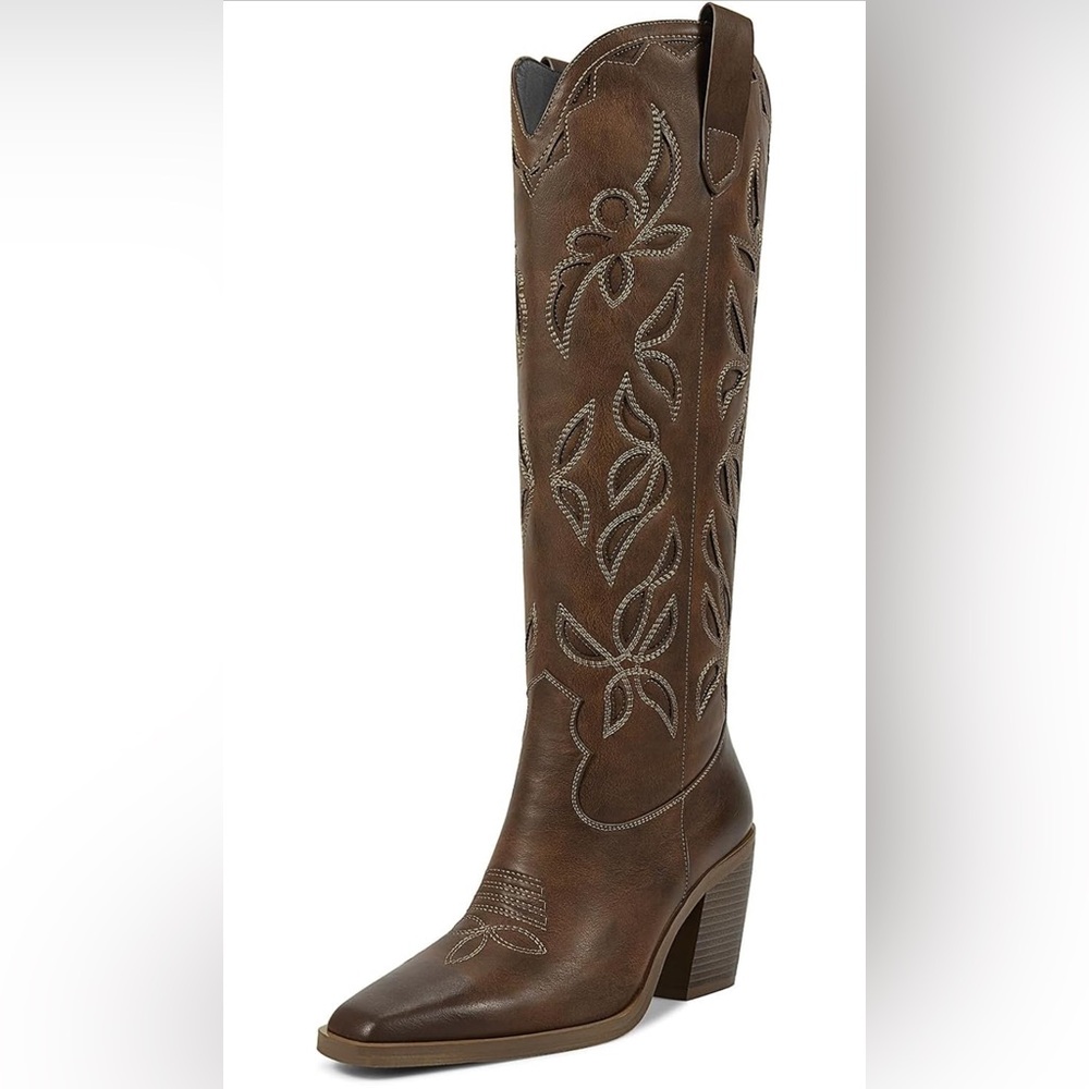 ISNOM Knee High Cowboy Cowgirl Western with Pull On Tab, Chunky Heel Design